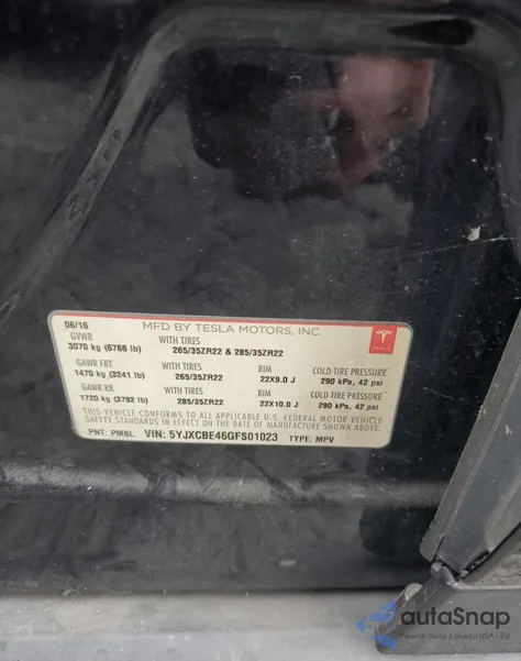 2016 Tesla Model X z USA, uszkodzony, nr VIN 5YJXCBE46GFS01023